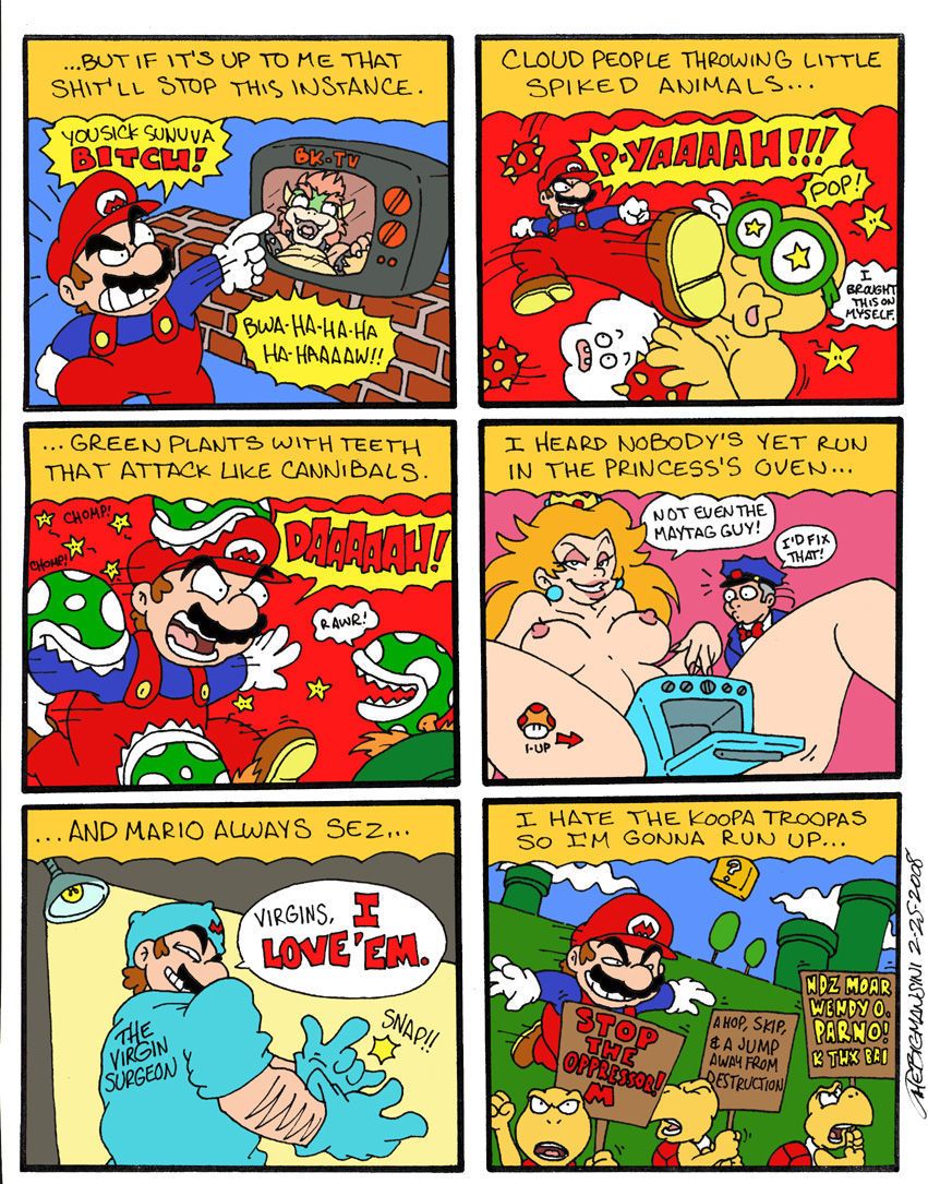 De groot mansini warp naar Wereld 69 (super Mario brothers)