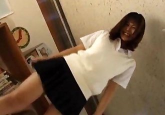 Eri Ueno in sexy uniform sucks cock over boxers until gets cum - 10 min
