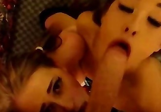 Big Dick Sucked by Two Girls with Pigtails and Cumshot
