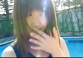 Teen cutie Momoko Tabata in a swiming suit outside her perky small tits har