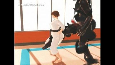 hentai Karate :cô gái: Gagging trên một khổng lồ dick trong 3d 5 anh min